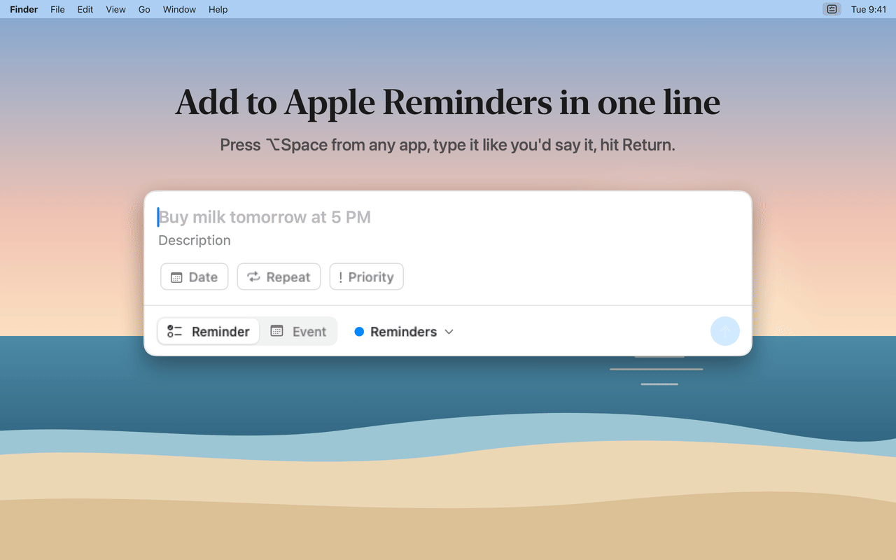 Three lines being typed into the Inlet panel: a reminder with a date, list and priority, a calendar event with a time, duration and location, and a reminder that repeats on Mondays, Wednesdays and Fridays, each highlighted as it is recognized