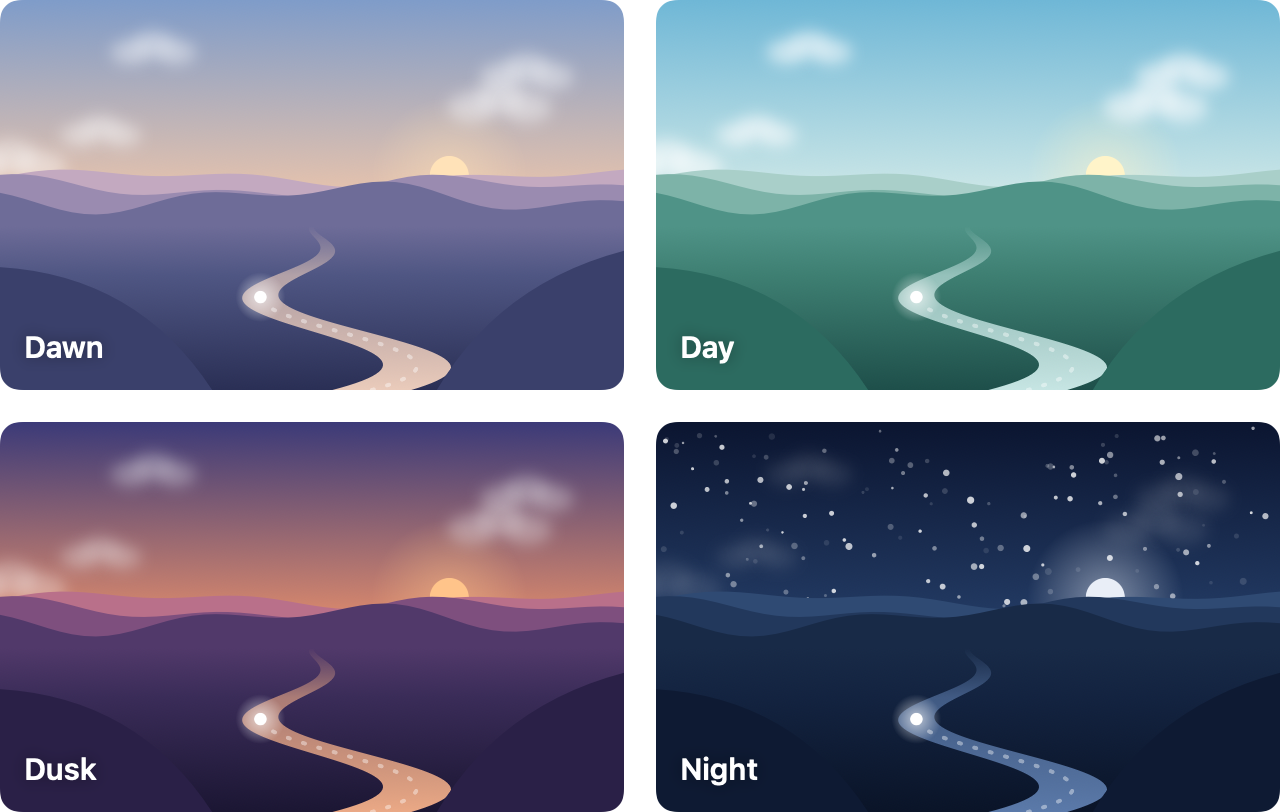 The break screen's valley at dawn, during the day, at dusk and at night under the stars.
